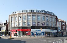 The Montague Burton Building at the corner of London Road in North End 1-3a London Road (formerly Montague Burton Ltd. Tailors), North End, Portsmouth (March 2019) (2).JPG