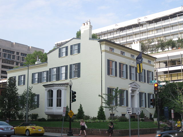 F Street House, the official residence of GW's president. Behind it is the global headquarters of the International Monetary Fund