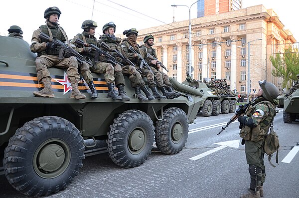 Arsen Pavlov with his troops on BTR-70s during the rehearsal of the 2015 Donetsk Victory Day parade