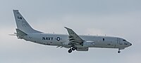 A Boeing P-8 Poseidon, tail number 168761, on final approach at Kadena Air Base in Okinawa, Japan. It is assigned to Patrol Squadron 45 (VP-45) at NAS Jacksonville, Florida, United States.