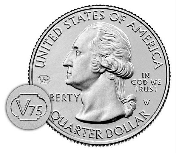 Obverse of a 2020 America the Beautiful quarter from the West Point Mint featuring the V75 privy mark