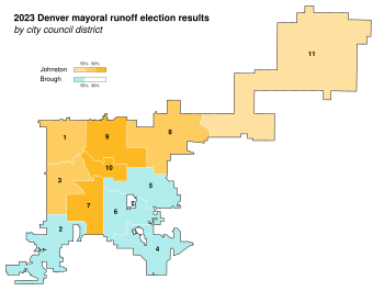 2023 Denver mayoral runoff election results map by city council district.svg