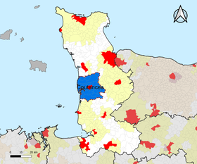 Localização da área de atração de Coutances no departamento de Mancha.