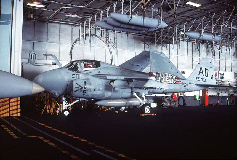 File:A-6E of VA-42 in hangar of USS Eisenhower (CVN-69) 1992.JPEG