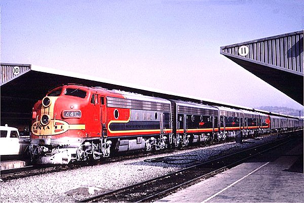 The combined Super Chief / El Capitan, led by EMD F7s in Santa Fe's Warbonnet paint scheme, pulls into Track 10 at Los Angeles' Union Passenger Termin