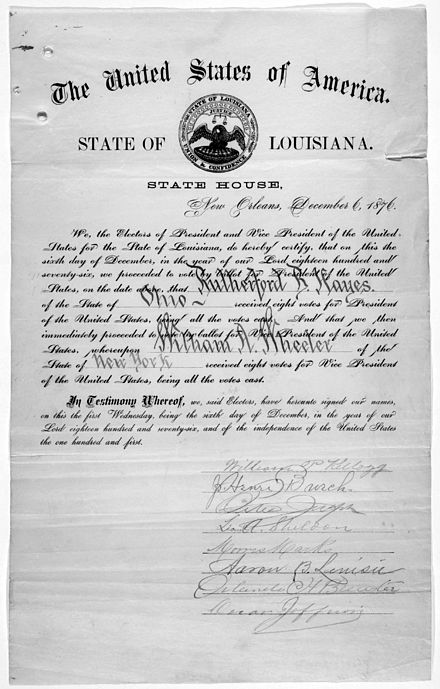 A certificate for the electoral vote for Rutherford B. Hayes and William A. Wheeler for the State of Louisiana