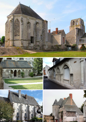 Vestiges de l'abbaye. De haut en bas :chapelle Saint-Symphorien et tour Saint-Paul ;cloître et salle capitulaire ;réfectoire et logis abbatial.