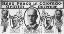 An ad for the Republican ticket in the 1922 state election. Gubernatorial nominee Benjamin Griffith is front and center. Ad for the Republican Ticket in the 1922 elections in Colorado.png
