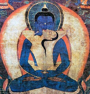 Yab-Yum of Samantabhadra ("All Good," the Primordial Buddha) and his female aspect of consort, Samantabhadri (17th century). The erotic union symbolizes, respectively, the non-duality of Compassion (or Method) and Wisdom; or also of Form and Emptiness. Adi-Buddha Samantabhadra.jpg