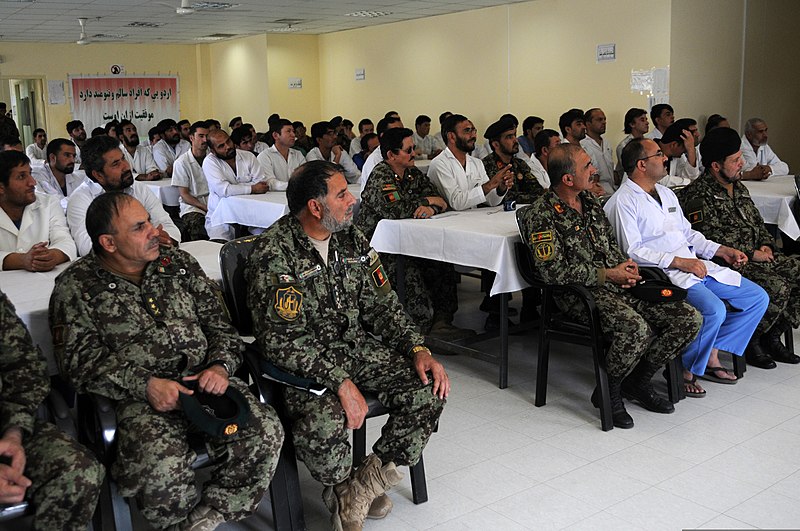 File:Afghan doctors and nurses listen as Afghan National Army (ANA) Gen. Mohammad Wardak, not shown, the surgeon general for the ANA, delivers remarks while visiting the Kandahar Regional Medical Hospital in Kandahar 130819-A-VM825-079.jpg