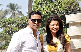 Kajal Aggarwal with her co-star Akshay Kumar during the promotions of their film in 2013 Akshay Kumar and Kajal Aggarwal.jpg