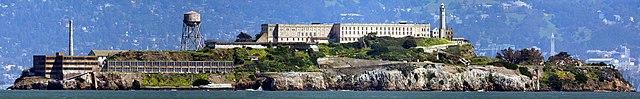 Alcatraz Island, shown in a panorama created by image stitching