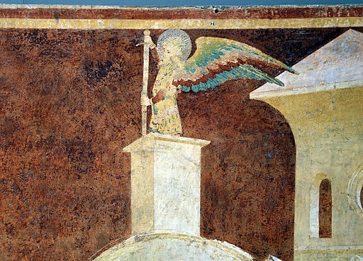 Ambrogio Lorenzetti, Apparizione di San Michele a Castel Sant'Angelo, particolare, 1334-1336, Chiusdino, cappella di San Galgano a Montesiepi