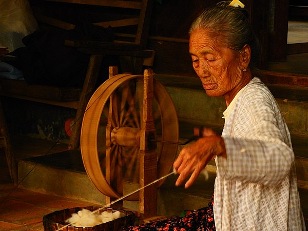 Traditional spinner in her family's house in Old Bagan, Myanmar (2019).