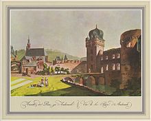 The ruins from the south with the Pulverturm (r), by Johann Andreas Ziegler, 1792. Behind: the Church of the Annunciation, the Zollturm and the Burgerturm Andernach Stadtburgruinen von Sueden Johann Andreas Ziegler.jpg