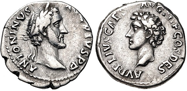 Denarius of Antoninus Pius (AD 139), with a portrait of Marcus Aurelius on the reverse. Inscription: ANTONINVS AVG. PIVS P. P. / AVRELIVS CAES. AVG. P