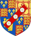 Arms of Charles Beauclerk, 1st Duke of St Albans: Royal arms of King Charles II debruised by a baton sinister gules charged with three roses argent (Lennox)