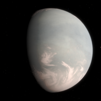 Rassomning Gliese 832 c.png ma'lumotlaridan ilhomlanib, bulut bilan qoplangan sayyora haqidagi taassurotlari