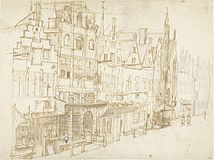 Attributed to Carel Fabritius. View of a row of houses in a city label QS:Len,"View of a row of houses in a city" label QS:Lpl,"Widok rzędu domów w mieście" label QS:Lnl,"Gezicht op een huizenrij in een stad" 1637-1654. Pencil, pen and brush in brown, on paper (?). 27.2 × 36.5 cm (10.7 × 14.3 in). Amsterdam, Rijksmuseum Amsterdam.