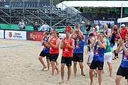 Deutsch: Beachhandball Europameisterschaften 2019 (Beach handball Euro); Tag 3: 4. Juli 2019 – Männer, Platzierungsrunde Gruppe IV, Schweden-Nordmazedonien 2:0 (20:10, 32:15) English: Beach handball Euro; Day 3: 4 July 2019 – Men Consolation Round Group IV – Sweden-North Macedonia 2:0 (20:10, 32:15)