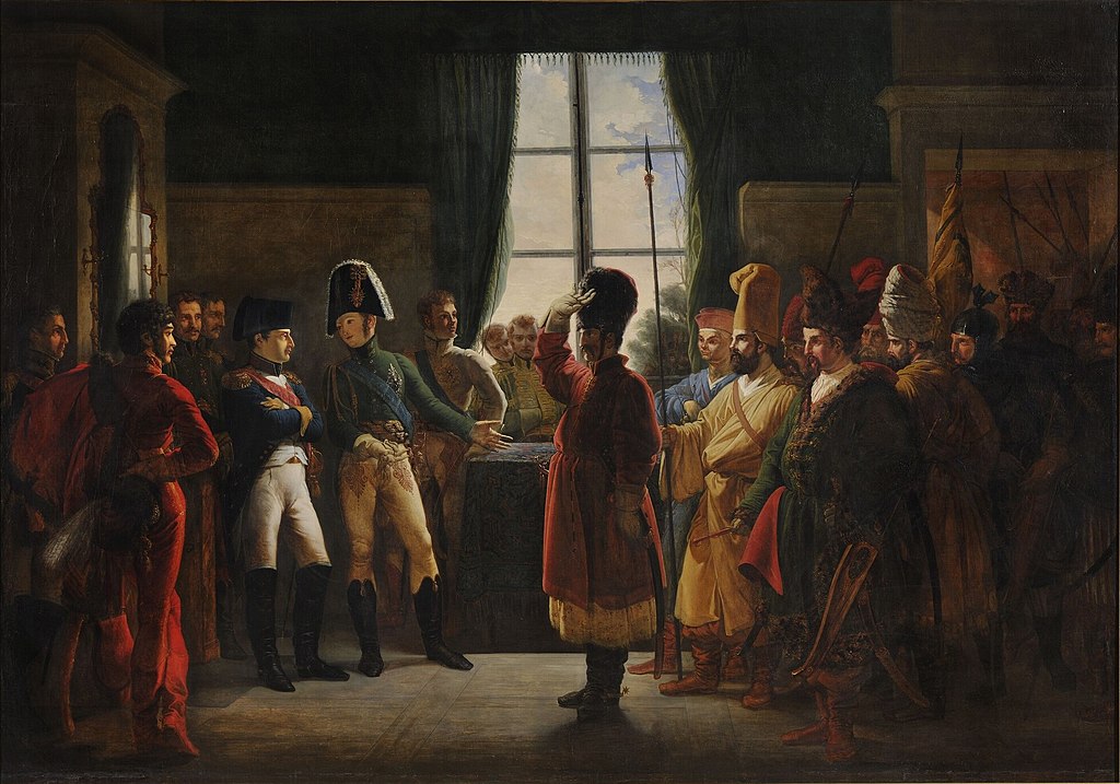 Bergeret - Alexander Ier présente à Napoléon les Kalmoucks, les Cosaques et les Baskirs de l'armée russe (9 juillet 1807).jpg