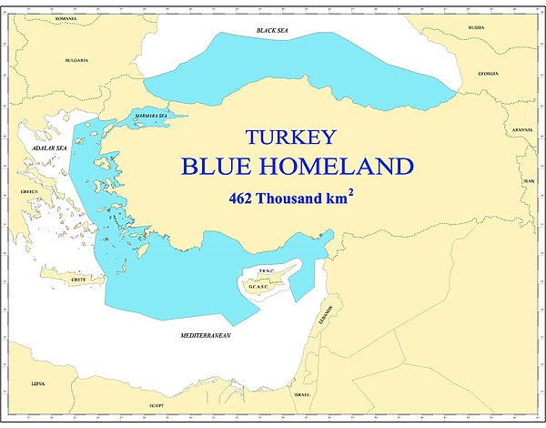 Depiction of the irredentist and expansionist "Blue Homeland" concept created by Cihat Yaycı