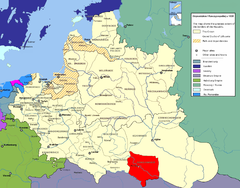 Mapa mostrando a localização da voivodia de Bracław (em vermelho) na República das Duas Nações.