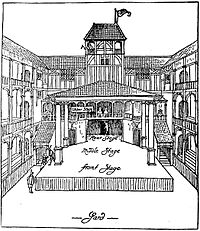 Ritningsrekonstruktion av den tidigare Fortune Theatre av Walter H. Godfrey från 1911 på grundval av avtalsenliga byggnadsdokument från 1600
