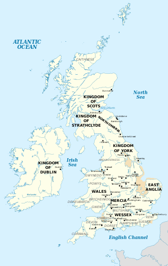 Map of the British Isles in the tenth century. Edmund's territory at the beginning and end of his reign covered Wessex, Mercia, East Anglia, York and Northumbria.