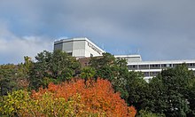 Looking up the University Heights hill from the Bronx shoreline Bronx VA Hospital from Exterior Street.jpg