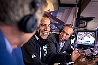 Joe Buck (right) with President Barack Obama (center) and Tim McCarver (left) during the 2009 MLB All-Star Game. Buck McCarver Obama All-Star Game 2009.jpg