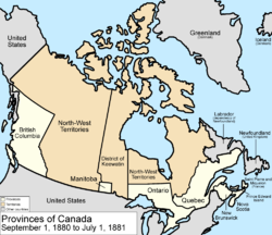 Map of the country of Canada on September 1, 1880, depicting the postage stamp sized province of Manitoba along with the provinces of Ontario northern border extended to the 51st parallel north, Prince Edward Island, Quebec (southern portion only), New Brunswick, British Columbia and Nova Scotia. Provinces are coloured white. Rupert's Land now named the North-West Territories is separated by the District of Keewatin north of Manitoba. Territories on the map are depicted in the colour pink; additionally now the northern arctic islands are a part of the NWT. The area called Newfoundland, Labrador, and Alaska are depicted in bluish grey colour, and are not a part of Canada.