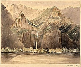 Multnomah Falls, painted by James W. Alden, 1857 Cascade Columbia River.jpg