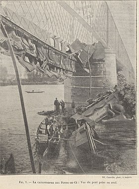 Photo du pont et du train tombé dans la Loire publiée par la revue Le génie civil.