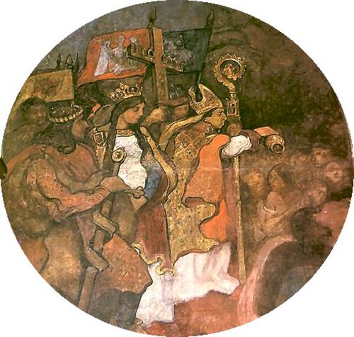 Andrzej Jastrzębiec was the first Bishop of Vilnius. He is depicted in the fresco "Baptism of Lithuania" by Włodzimierz Tetmajer