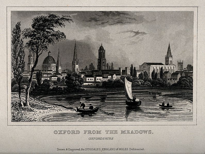 File:City of Oxford; from the river and meadows. Line engraving. Wellcome V0014230.jpg