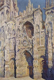 Peinture de Claude Monet réalisée en 1893 représentant le portail et la tour Saint-Romain de la cathédrale dans une harmonie bleue et or
