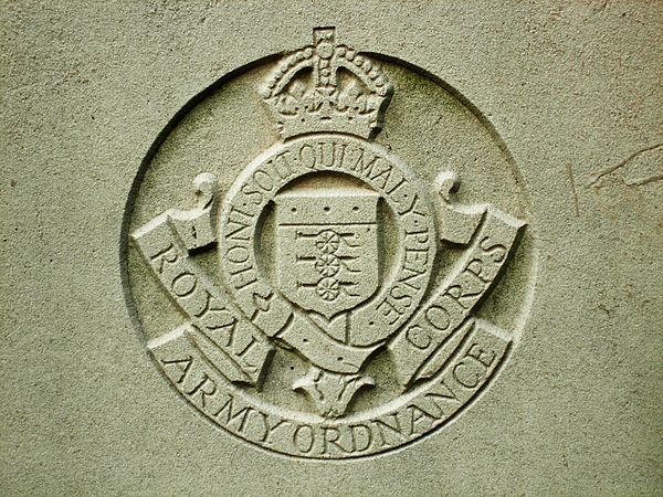 Coat of Arms of the Royal Army Ordnance Corps (in the reign of George VI) from CWGC headstone.