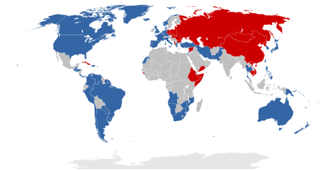 The "three worlds" of the Cold War era between April–August 1975:   1st World: Western Bloc led by the United States and its allies   2nd World: Eastern Bloc led by the Soviet Union, China and their allies   3rd World: Non-Aligned and neutral countries