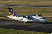 A Contact Air ATR 42 taxiing at Düsseldorf Airport in 2010, featuring the Lufthansa Regional branding.