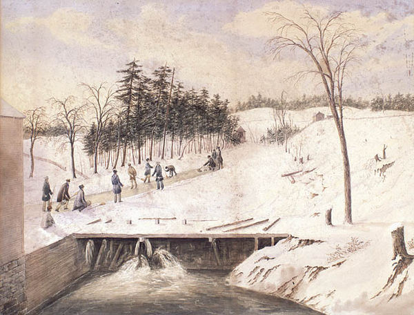 An 1836 watercolour depicting people curling on the Don River