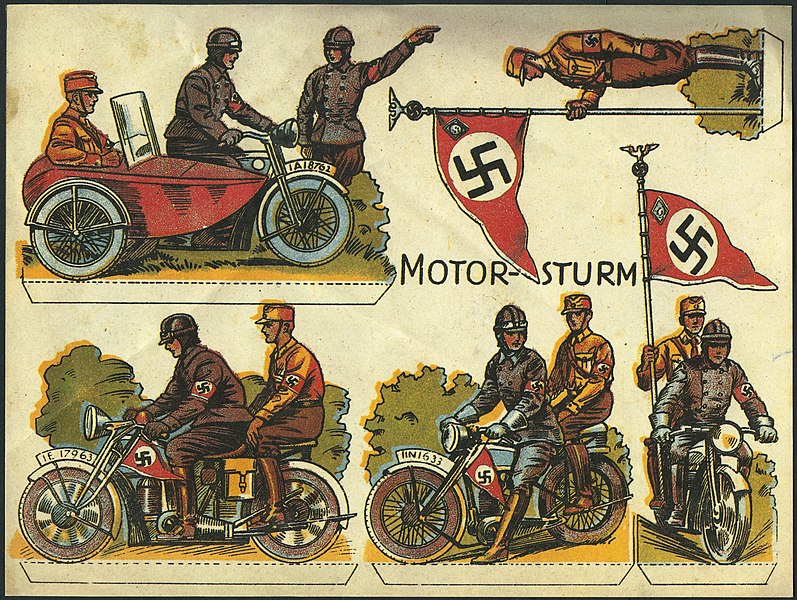 File:Cutout paper dolls SA Sturmabteilung motorcycle uniforms flags NSDAP Nazi Party Propaganda Werbezettel Motorraddarstellung Kinderspielzeug Motor-Sturm 1930er Uncredited artist No known copyright.jpg