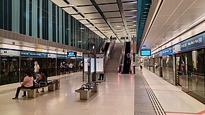 Photograph of the station platform with escalators leading up to the concourse in the background