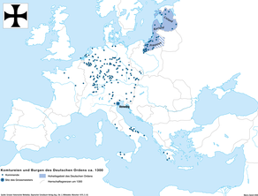 Mapa řádových sídel v Evropě včetně řádové země v Prusku roku 1300