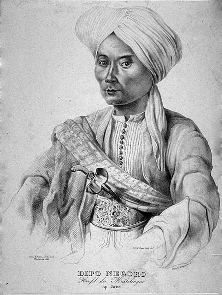 Portrait of Prince Diponegoro with kris, one of Indonesia's national heroes from Java, c. 1835.