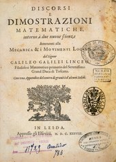 Frontespizio di Discorsi e dimostrazioni matematiche intorno à due nuoue scienze del signor Galileo Galilei Linceo (Leida, 1638)