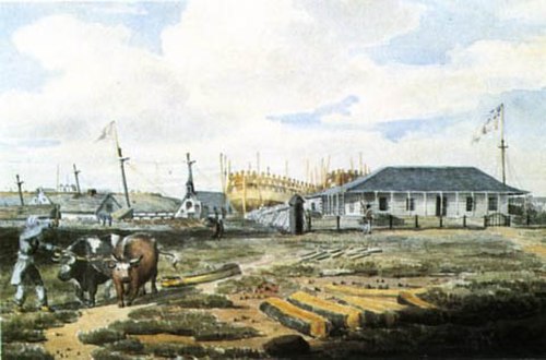 Naval shipyard, Point Frederick, July 1815. Watercolour by Emeric Essex Vidal. Commodore's house and two ships under construction, the Canada and the 