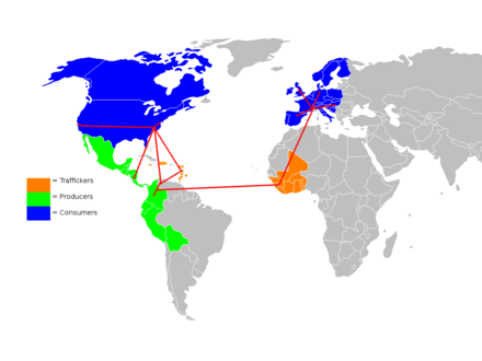 Ghana is among the sovereign states of West Africa used by drug cartels and drug traffickers (shown in orange).