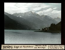 Lago die Poschiavo mit Piz Palü von Miralago. Historisches Bild von Leo Wehrli (1947)