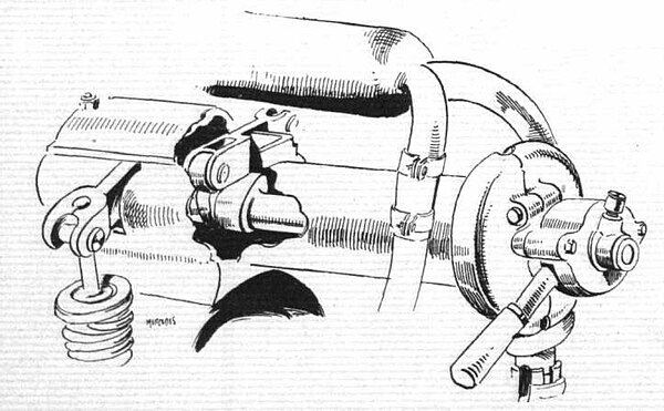 Aft-end details of the original SOHC valvetrain for the D.III - the rocker arm emerges from the "rocker box" through a slot in the box's side.